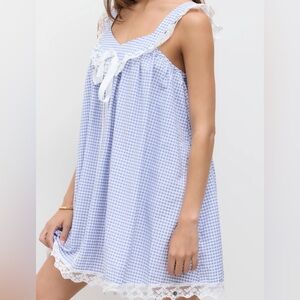 Cider Sweetheart Gingham Lace Trim Babydoll Knotted Mini Dress Size Large